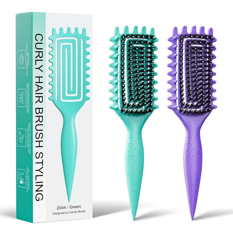 Weldilgit 2-Pack Curly Hair Brush, Curl Defining Brush with Soft Boar Bristles Detangling Tangled Glides,Wide-Teeth Design Effortlessly Shaping & Defining Curls,Curling Definer for Wet & Dry Hair (Green Purple) - Image 1
